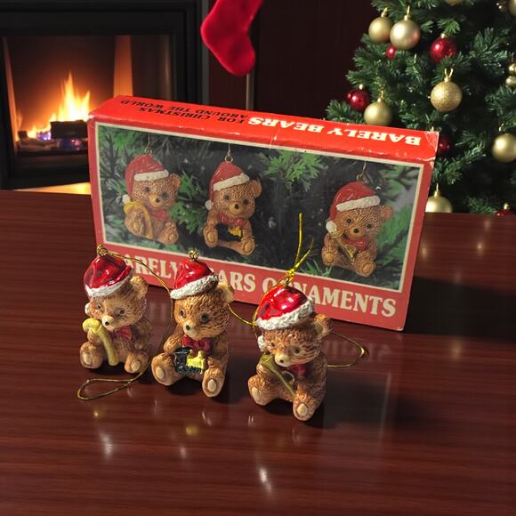 Vintage Barely Bears Christmas Ornaments Set of 3 Hand Painted Taiwan Boxed - Picture 1 of 16
